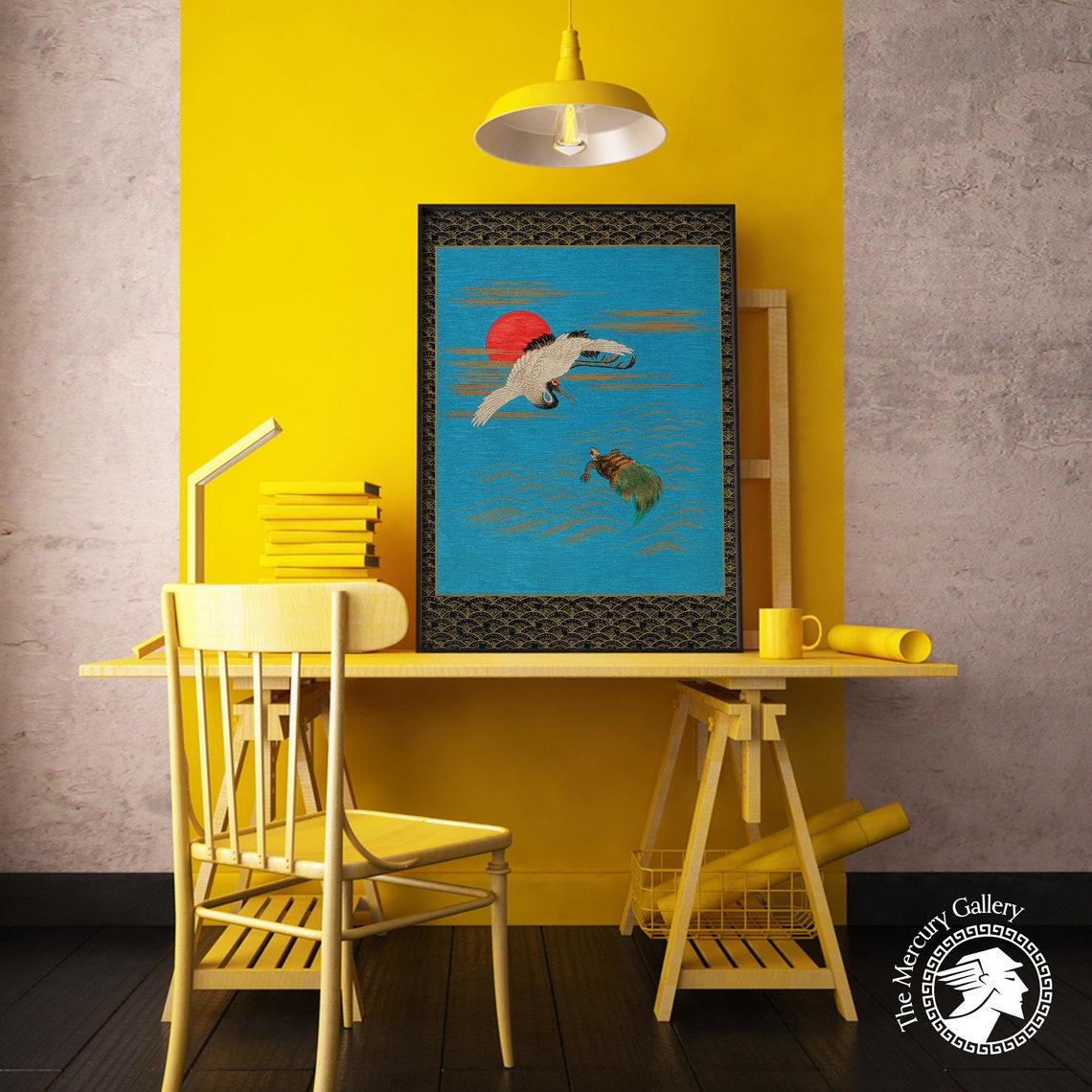 White Crane Turtle Sea Red Sun Japanese Maximalist Crane Art Print - Image 5