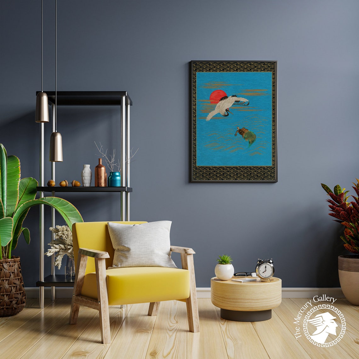 White Crane Turtle Sea Red Sun Japanese Maximalist Crane Art Print - Image 3