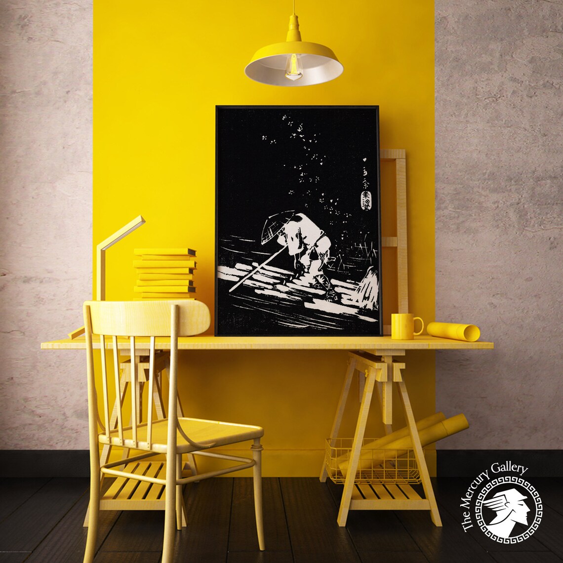 Man Rafting River Monochrome Japanese Woodcut Print Art Poster - Image 5