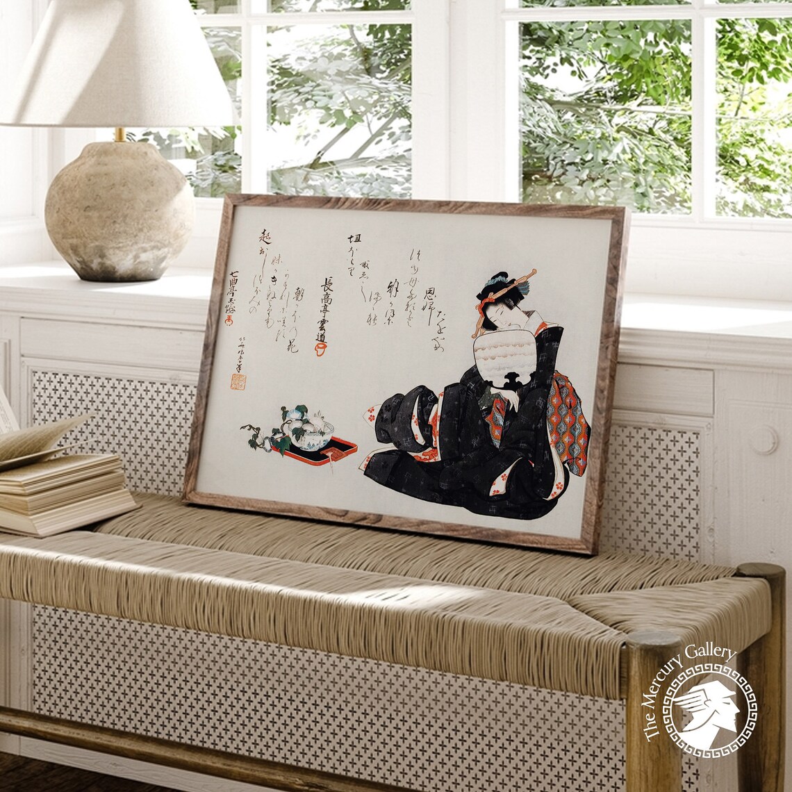 Hokusai Japanese Woman in Black Kimono With Fan and Poem Script Art Poster - Image 4