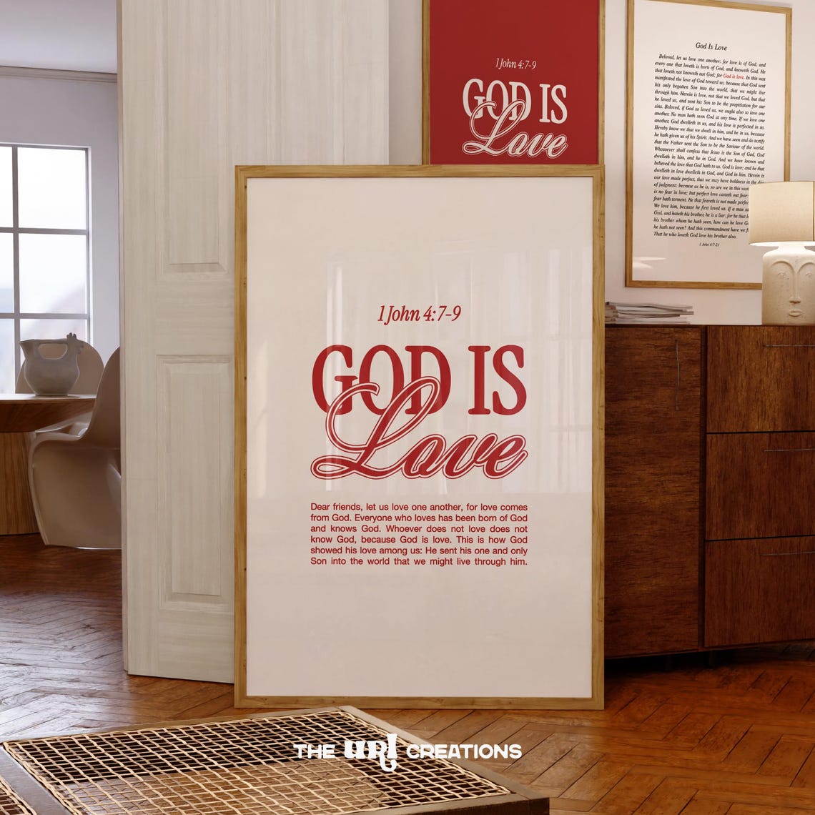God Is Love 1 John 4:7-9 Red Scripture Typography Faith Poster