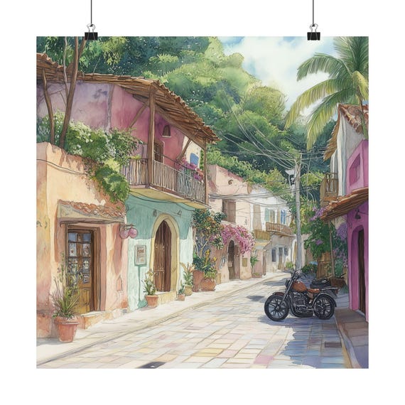 Sayulita Art Mexico Watercolor Painting Beach Town Streetscape Nayarit Print Wall Travel Poster Gift