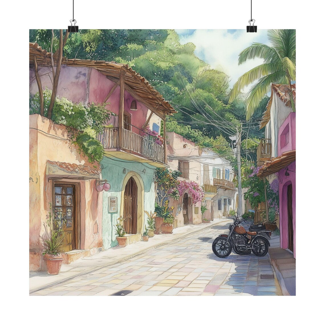 Sayulita Mexico Beach Town Colorful Street Watercolor Travel Poster