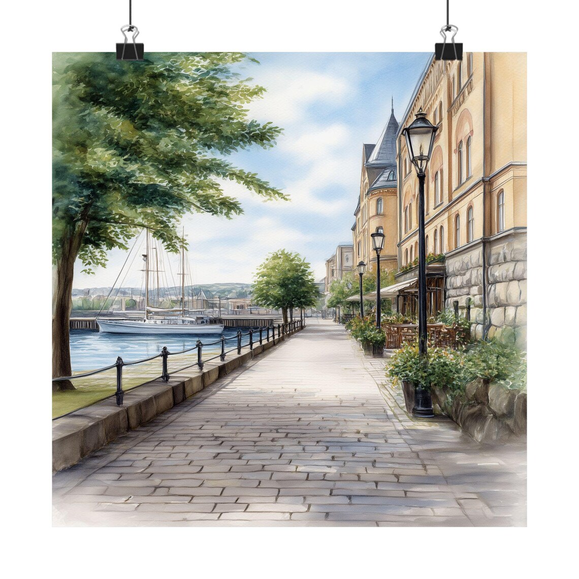 Oslo Harbor Promenade Watercolor Poster With Sailboat And Street Lamps