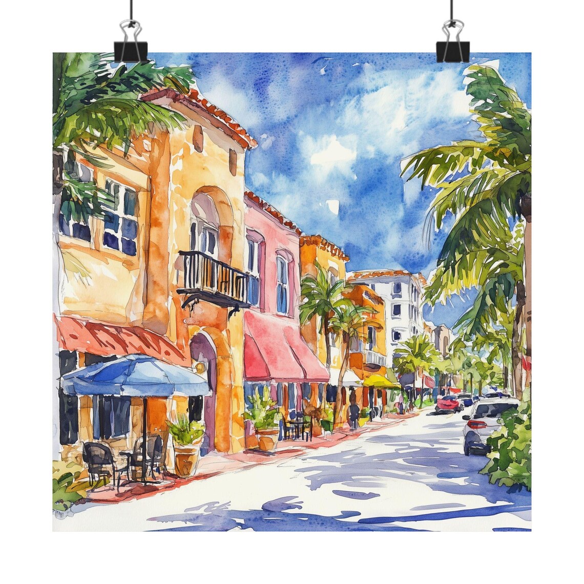 South Beach Painting Espaola Way Art Print Colorful Streetscape Watercolor Miami Wall Cityscape Travel Poster Florida Decor