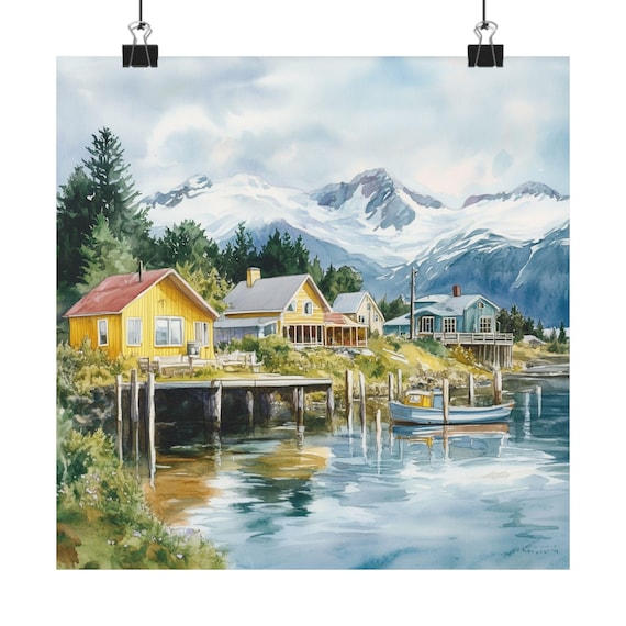 Alaska Waterfront Village Snowy Peaks Watercolor Painting Poster