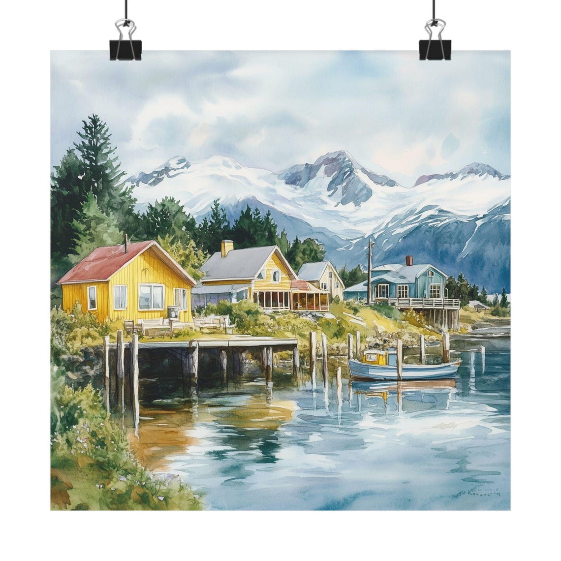 Alaska Painting Alaskan Glaciers Art Print Watercolor Houses On Water Landscape Nature Usa Travel Poster Gift