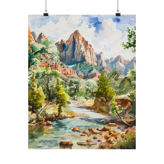 Zion National Park Canyon Stream Watercolor Landscape Poster