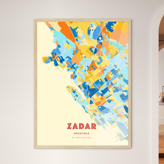 Zadar Croatia Colorful City Map Art Poster Blue And Orange Coastal Design