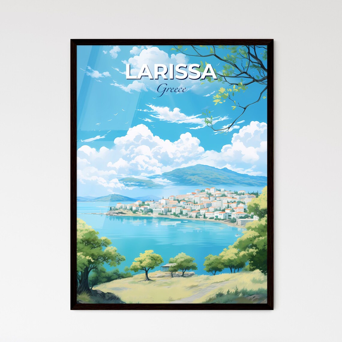 Larissa Greece Turquoise Bay Whitewashed Seaside Town Travel Poster