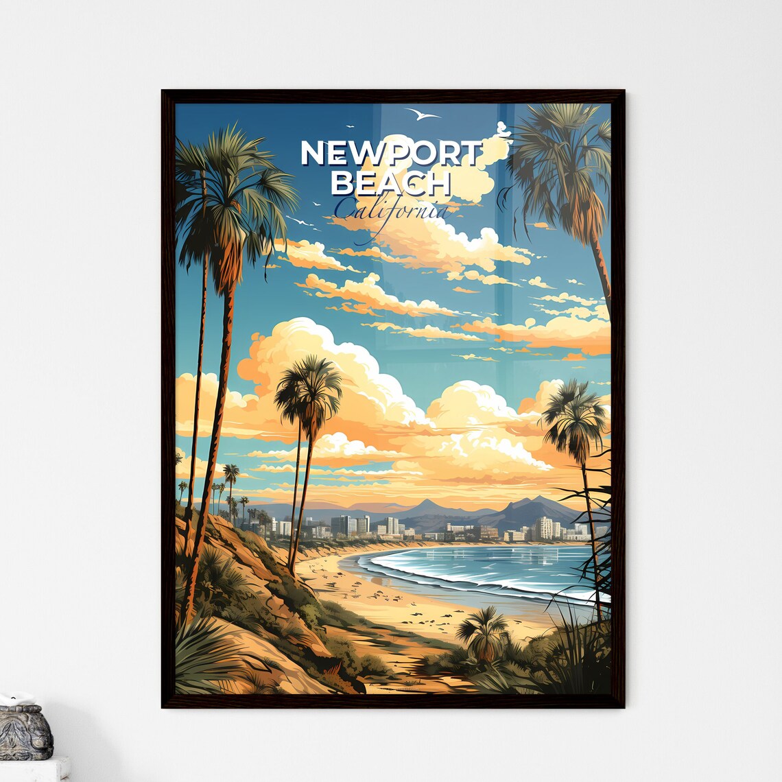 Newport Beach California Beach Palms Bay Skyline Travel Poster