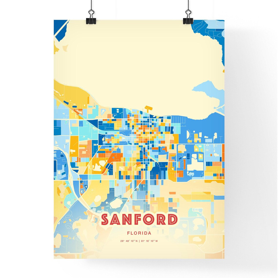 Sanford Florida Colorful Blue and Orange Retro City Street Map Wall Art