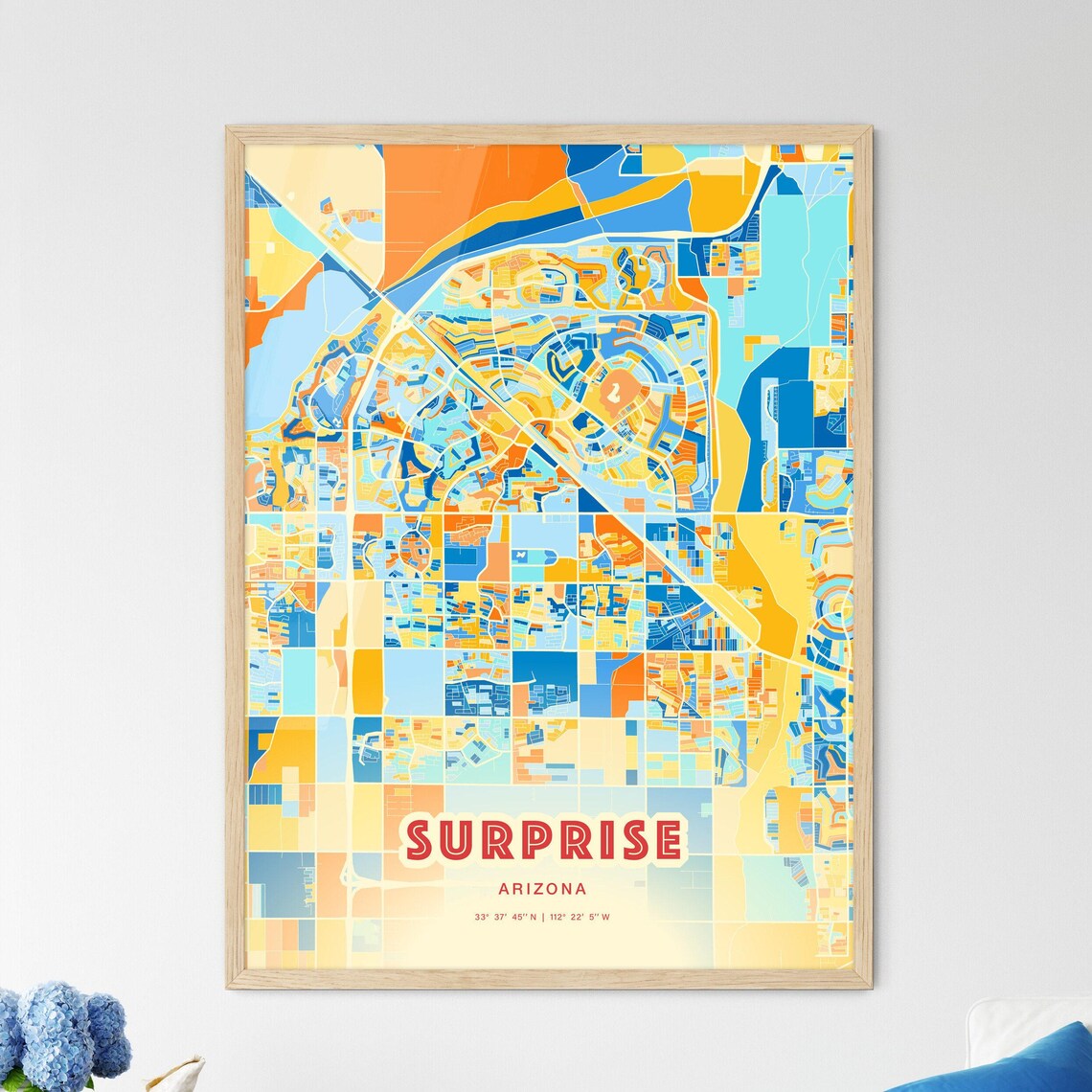 Surprise Arizona Vibrant Stylized Blue and Orange City Map Poster