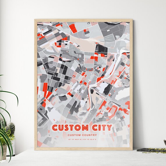 Custom City Map Poster Personalized Hometown Red Gray Modern Art
