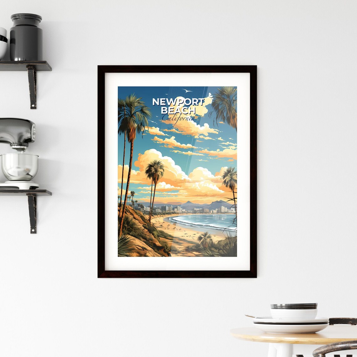 Newport Beach California Beach Palms Bay Skyline Travel Poster - Image 2