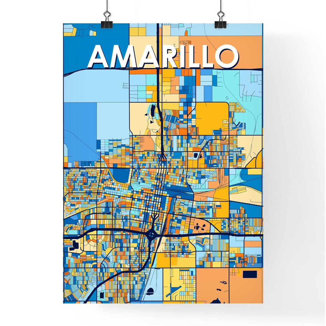 Amarillo Texas Stylish Vibrant Blue and Orange Mosaic City Map Poster - Image 4