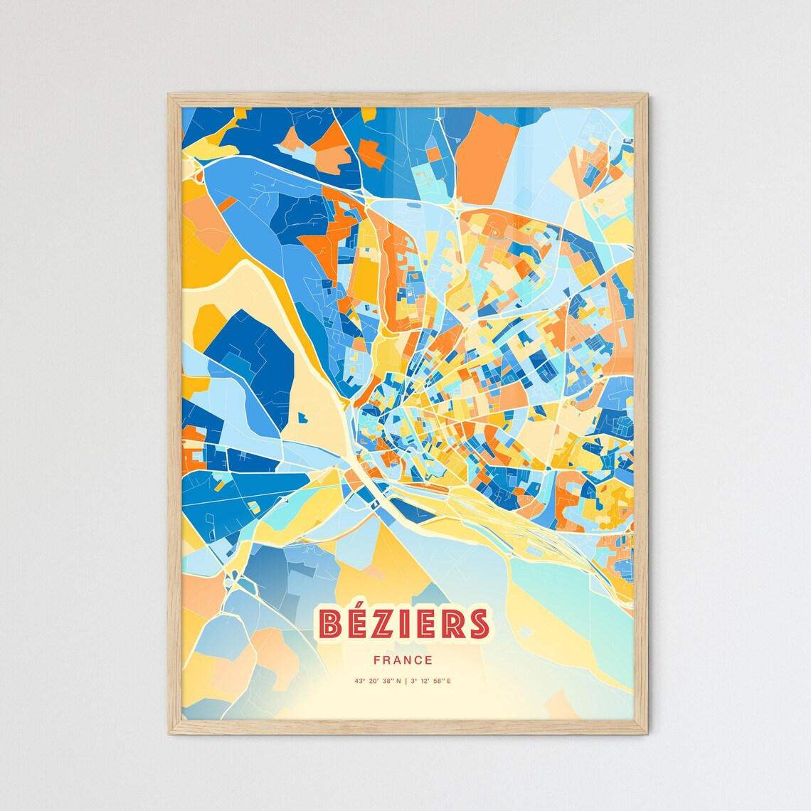 Beziers France Colorful Blue and Orange City Street Map Art Poster
