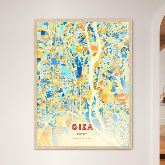 Giza Egypt City Map Blue Orange Modern Cartography Art Poster