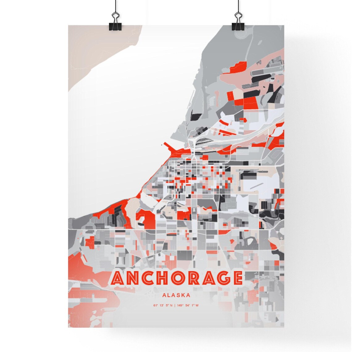 Anchorage Alaska Bold Red and Gray Modern Abstract City Map Poster - Image 3