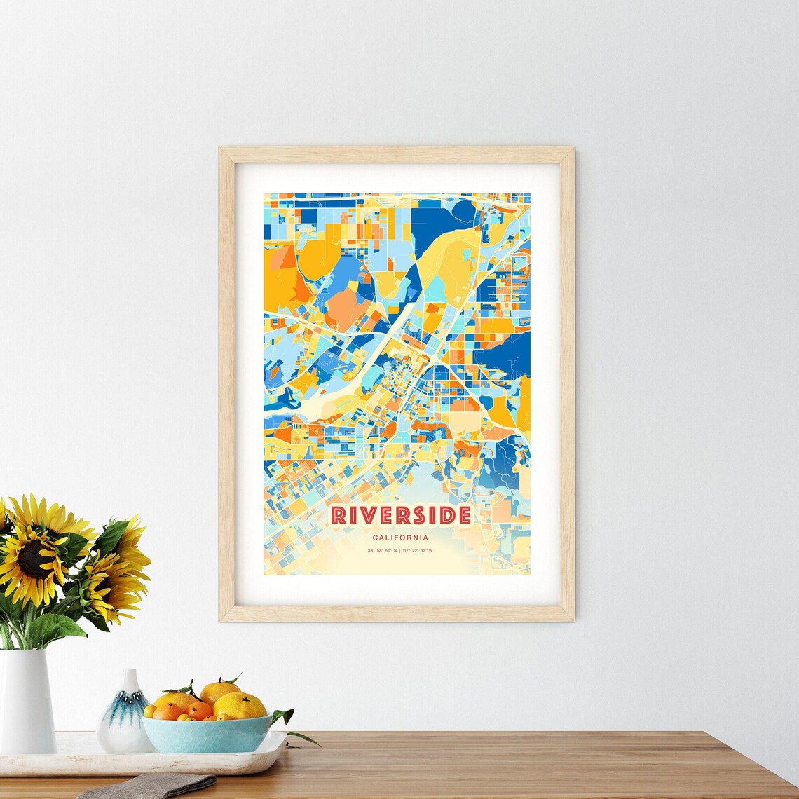 Riverside California Colorful Blue Orange City Map Art Poster - Image 2