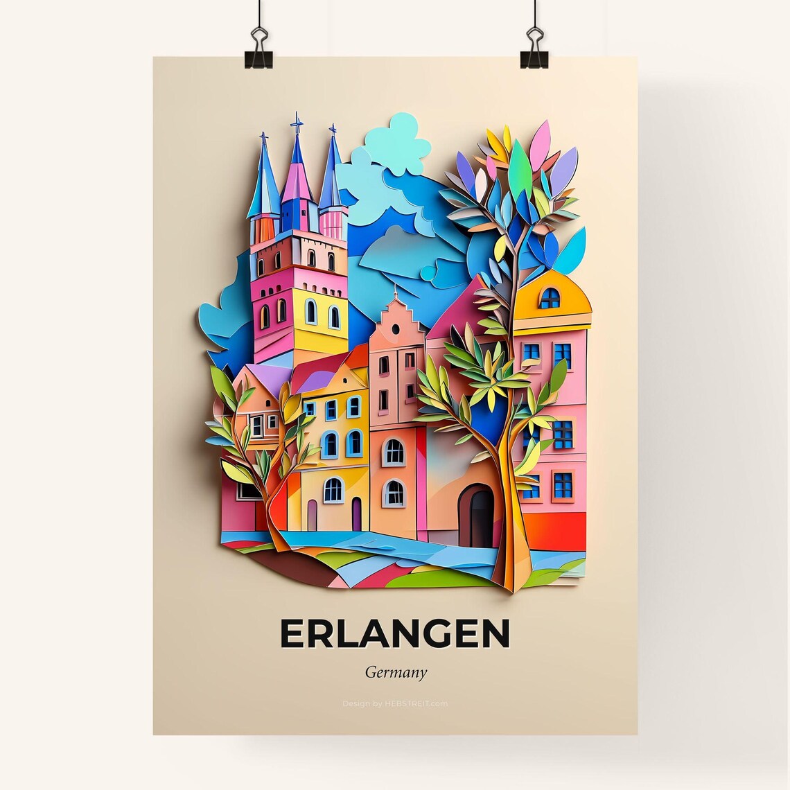 Erlangen Germany Colorful Paper Cut Cityscape Art Travel Poster - Image 4