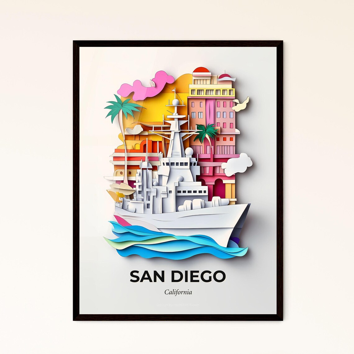 Vivid San Diego California Harbor Ship Papercut Travel Poster