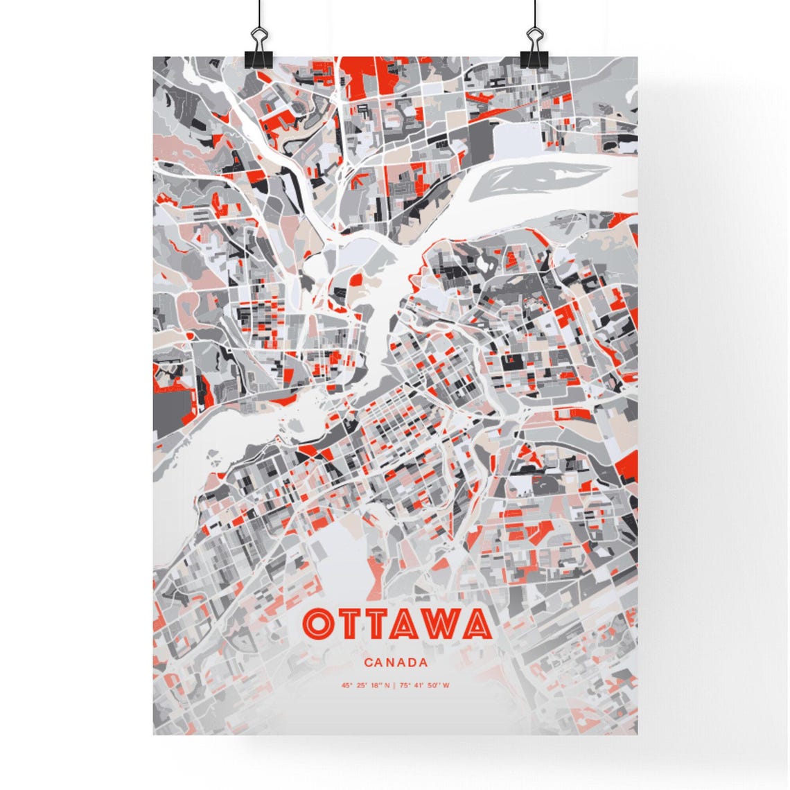 Ottawa Canada Expressive Red and Black City Map Artwork Poster - Image 3