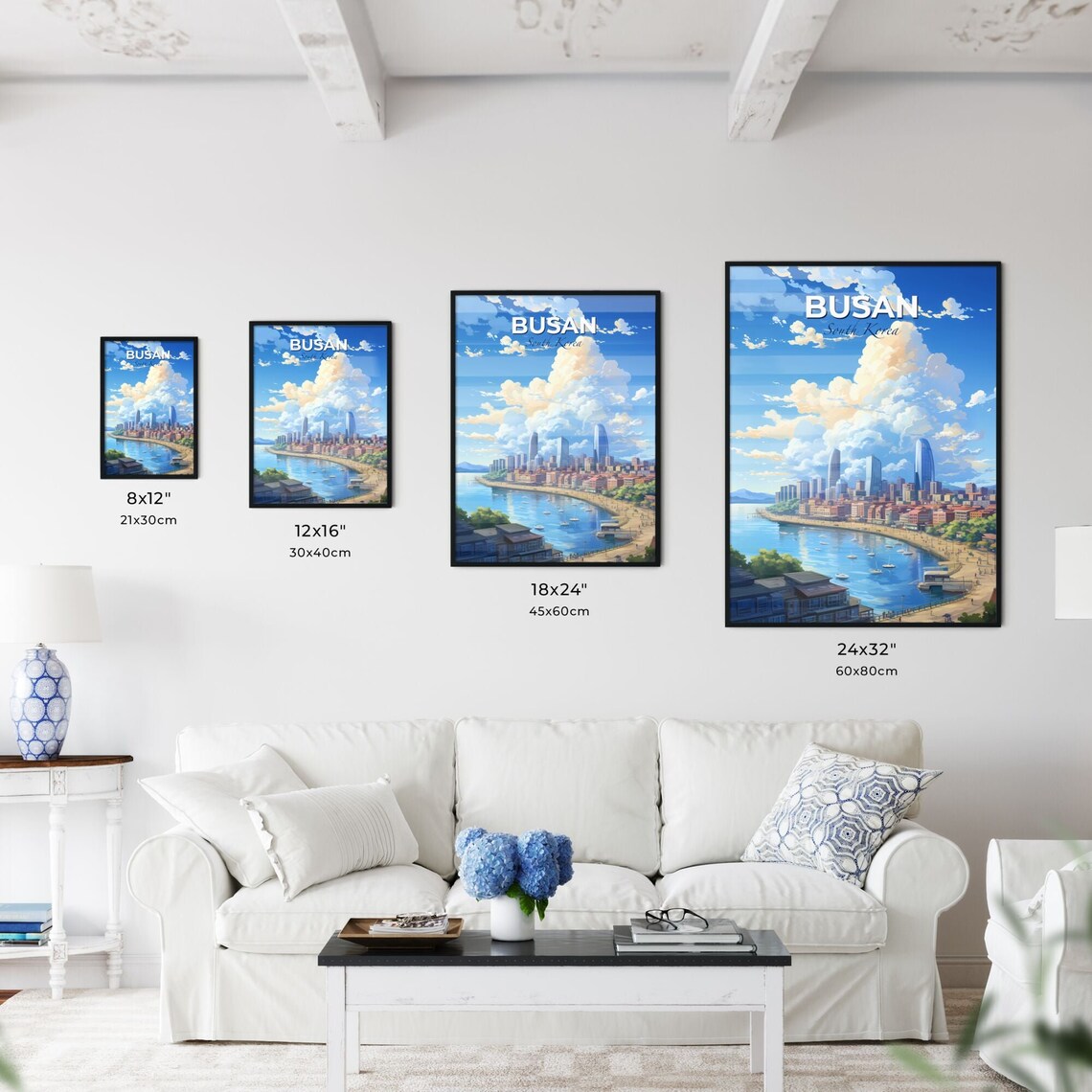 Busan South Korea Harbor Skyline Poster Sailboats Blue Sky Clouds - Image 3
