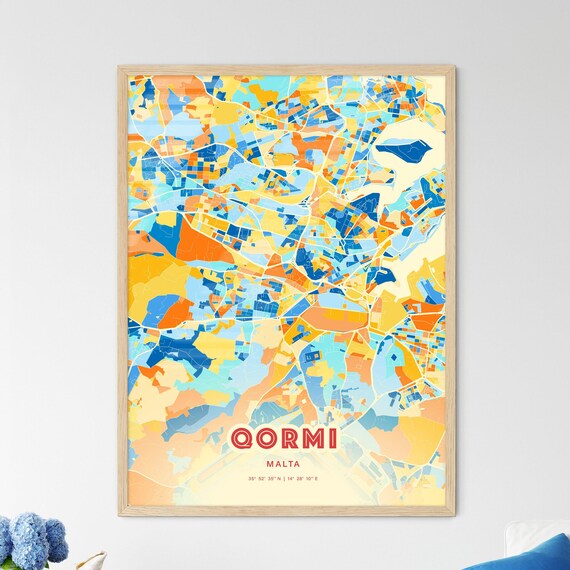 Qormi Malta Elegant Pastel Blue and Orange Fine Art Map Print
