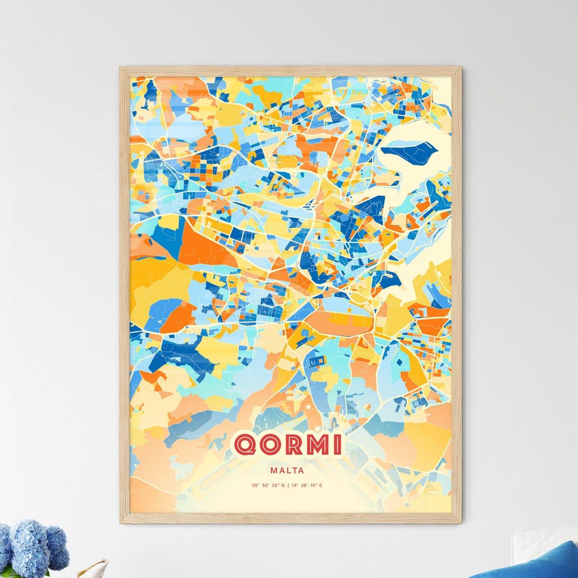 Qormi Malta Elegant Pastel Blue and Orange Fine Art Map Print