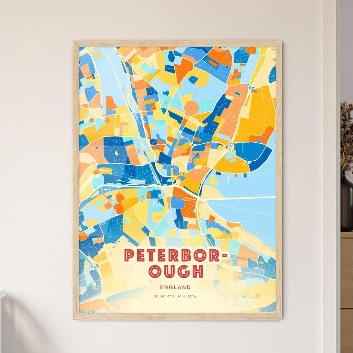 Peterborough England Colorful Blue Orange City Street Map Art Poster