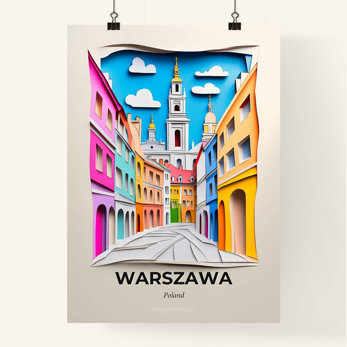 Warsaw Poland Colorful Paper Cut Old Town Street Travel Poster - Image 4