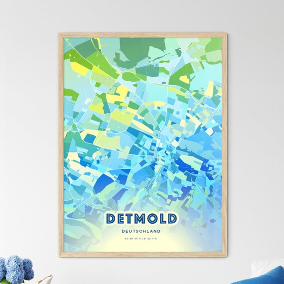 Detmold Germany Abstract City Map Art Blue Green Pastel Travel Poster