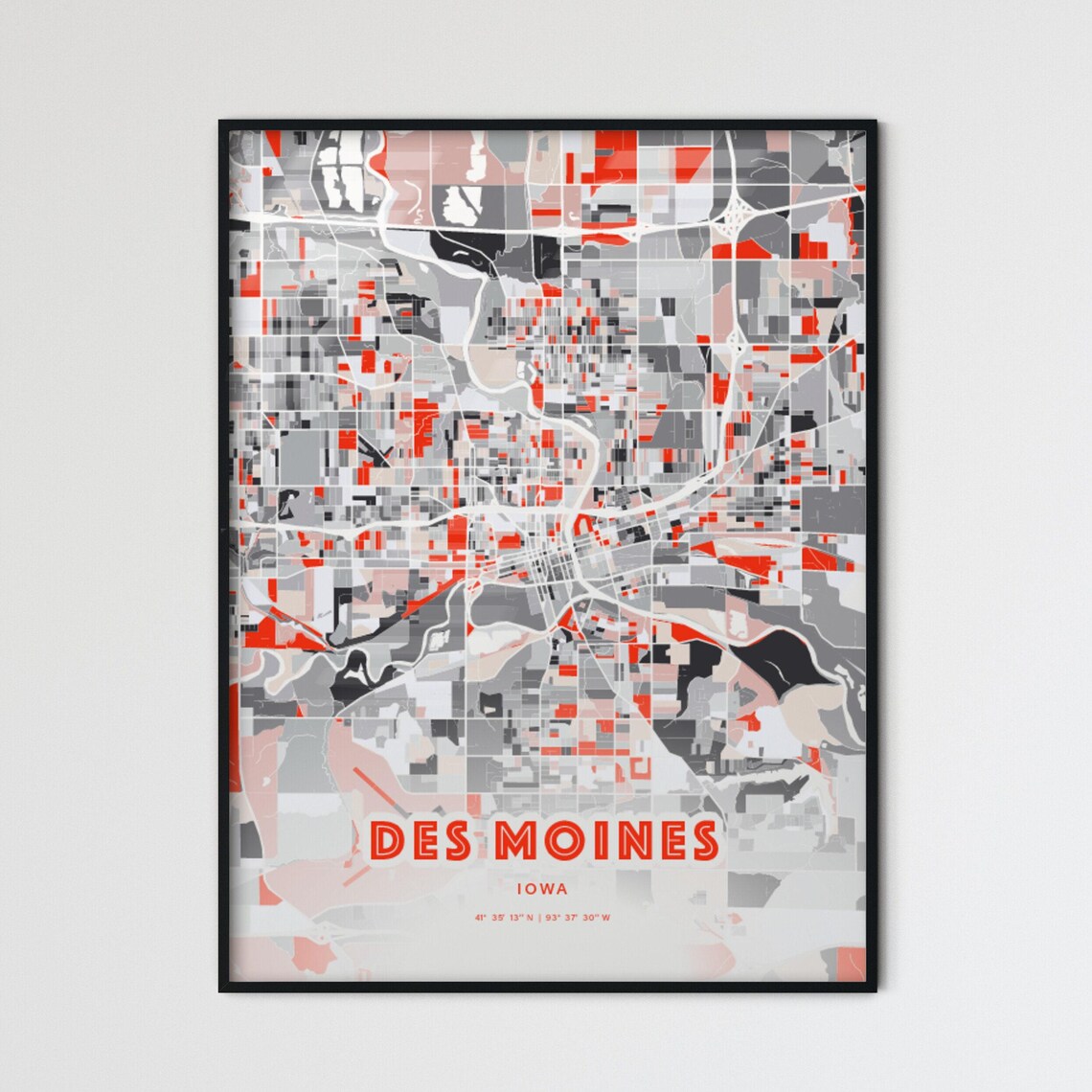Des Moines Iowa Expressive Red Abstract Modern City Map Art Poster