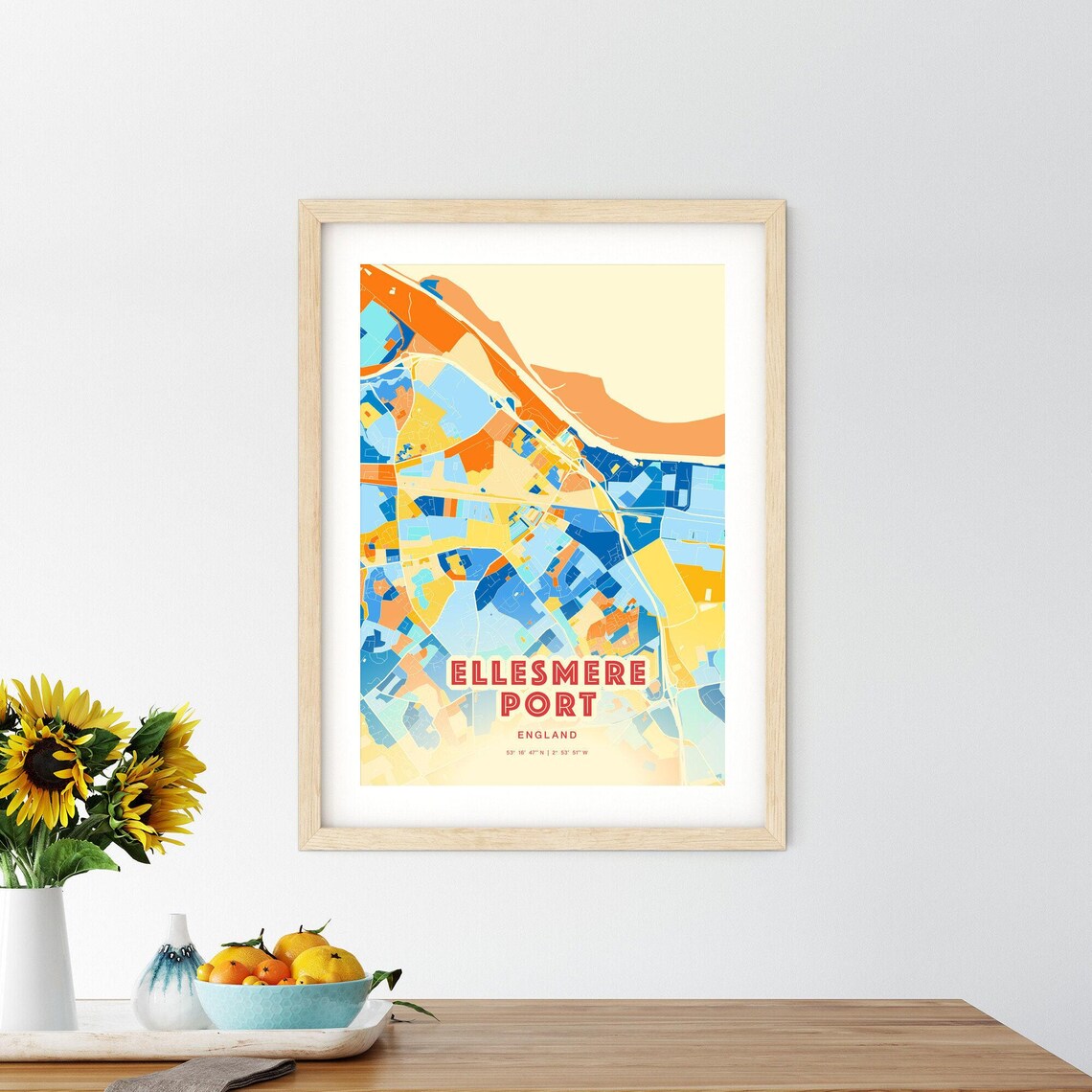 Ellesmere Port England Colorful Blue and Orange Retro City Street Map Wall Art - Image 2
