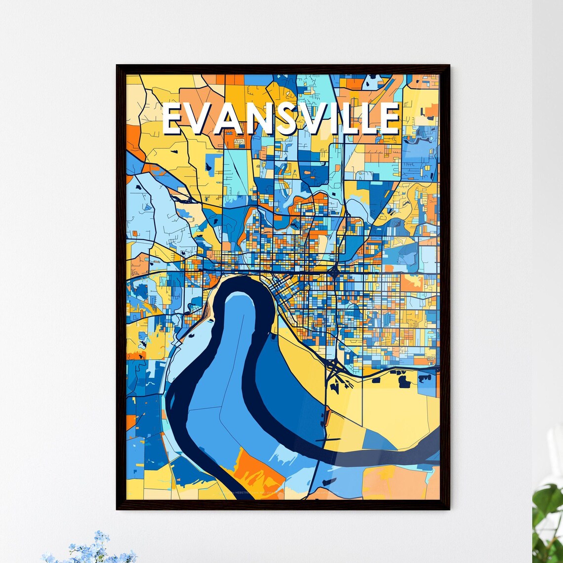 Evansville Indiana City Map Art Print Deep Navy Blue And Orange Design