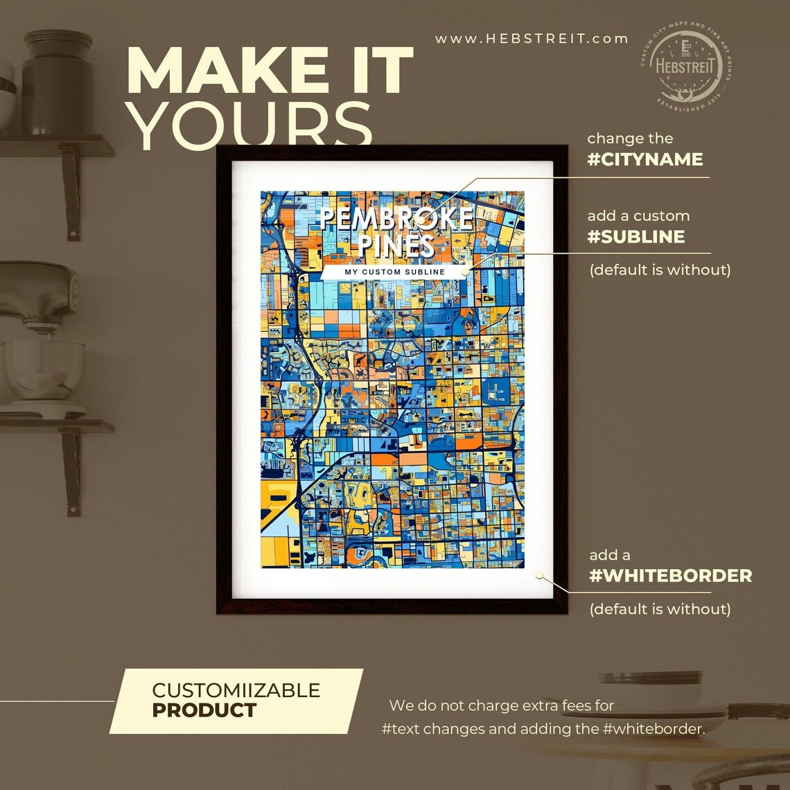 Pembroke Pines Florida Colorful Blue Orange City Map Art Poster - Image 2