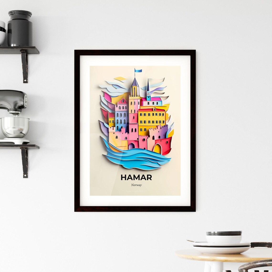 Hamar Norway Colorful Paper Cut Castle Town on the Water Poster - Image 2