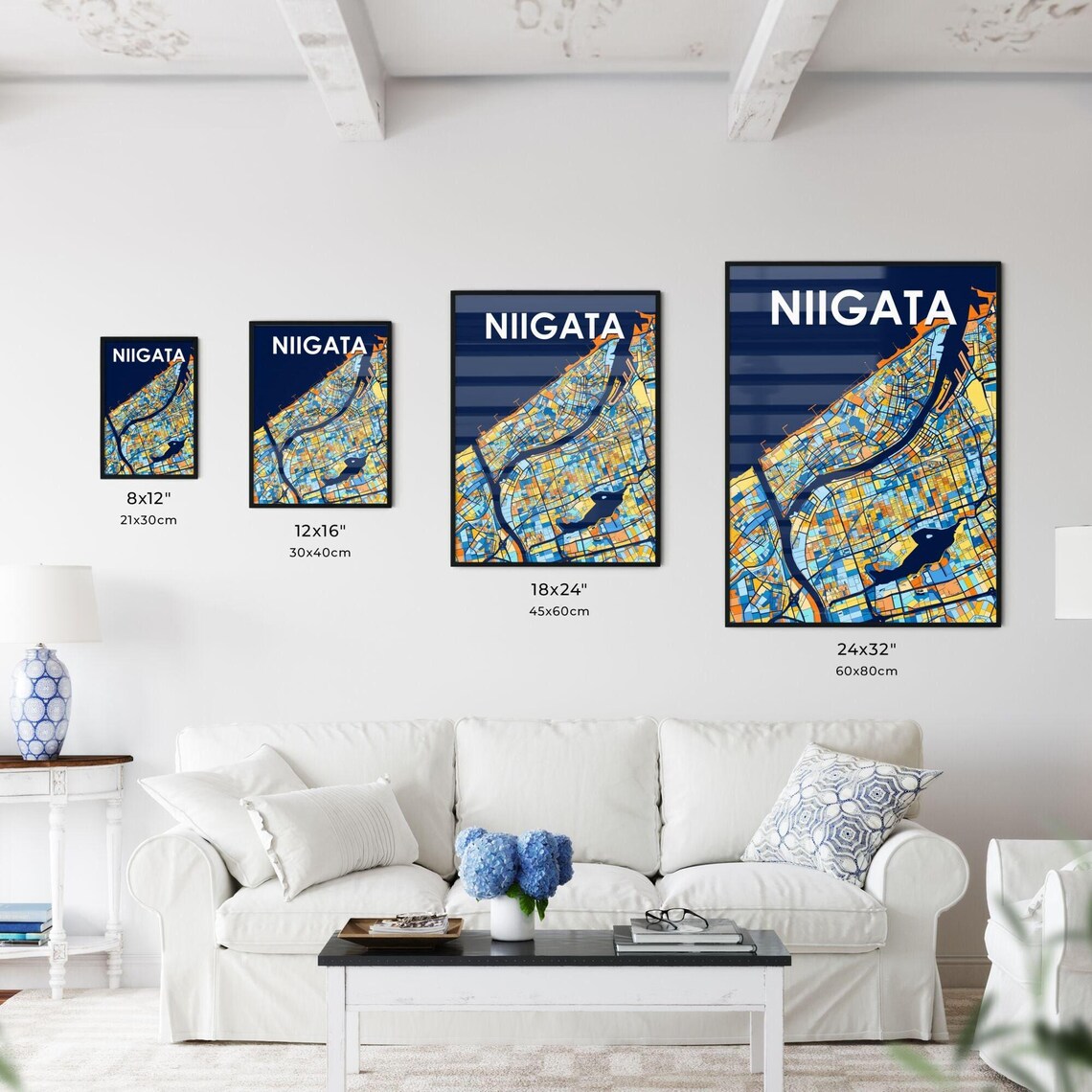 Niigata Japan Stylish Vibrant Blue and Orange Mosaic City Map Poster - Image 3