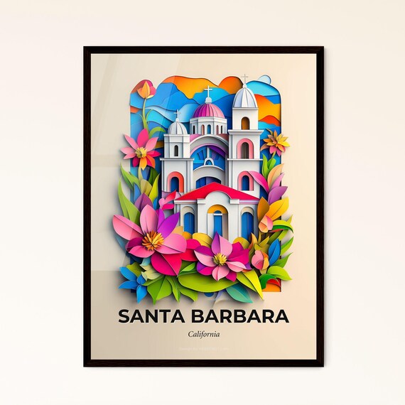 Santa Barbara California Church Flowers Paper Cut Art Poster