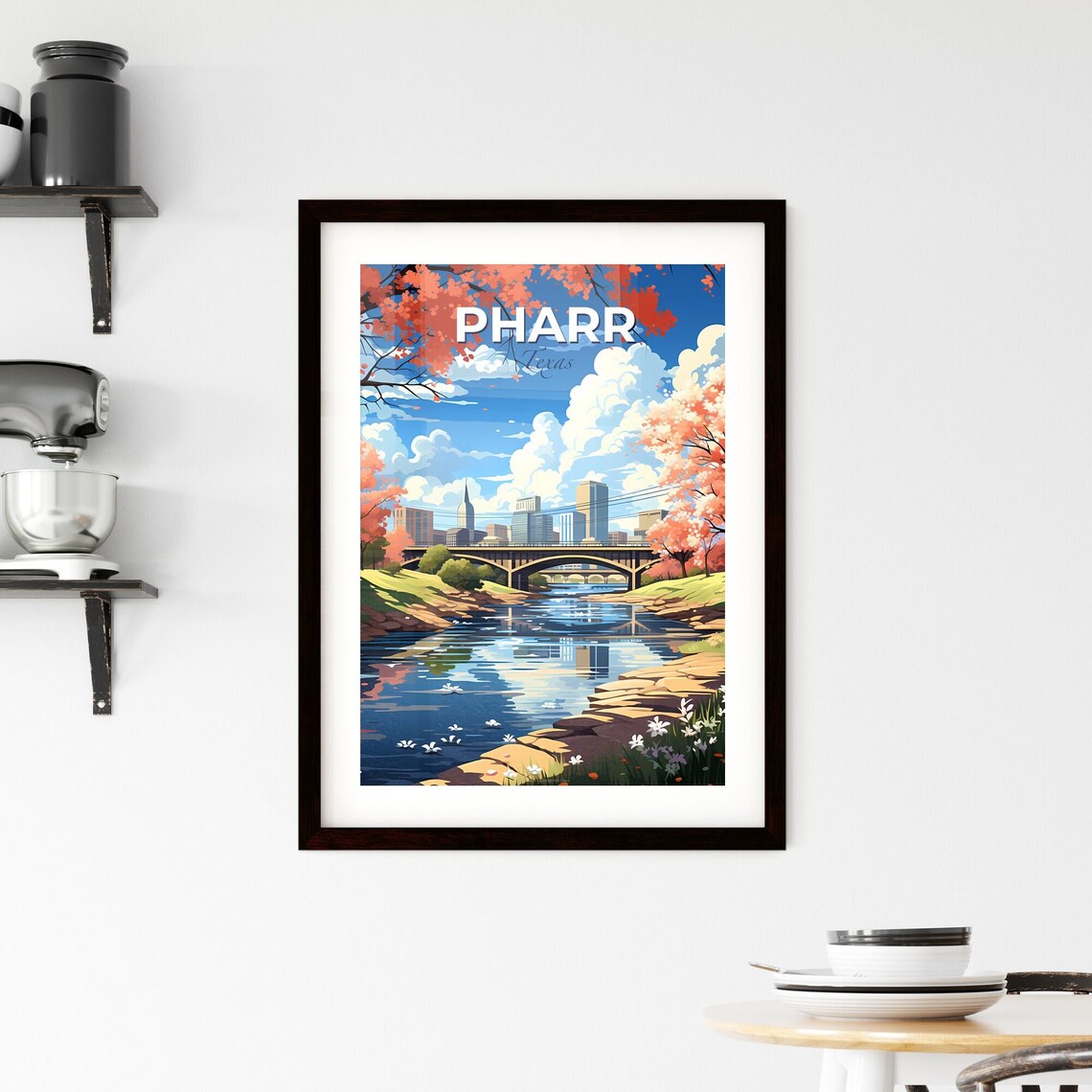 Pharr Texas Cherry Blossom River Bridge City Skyline Art Poster - Image 2