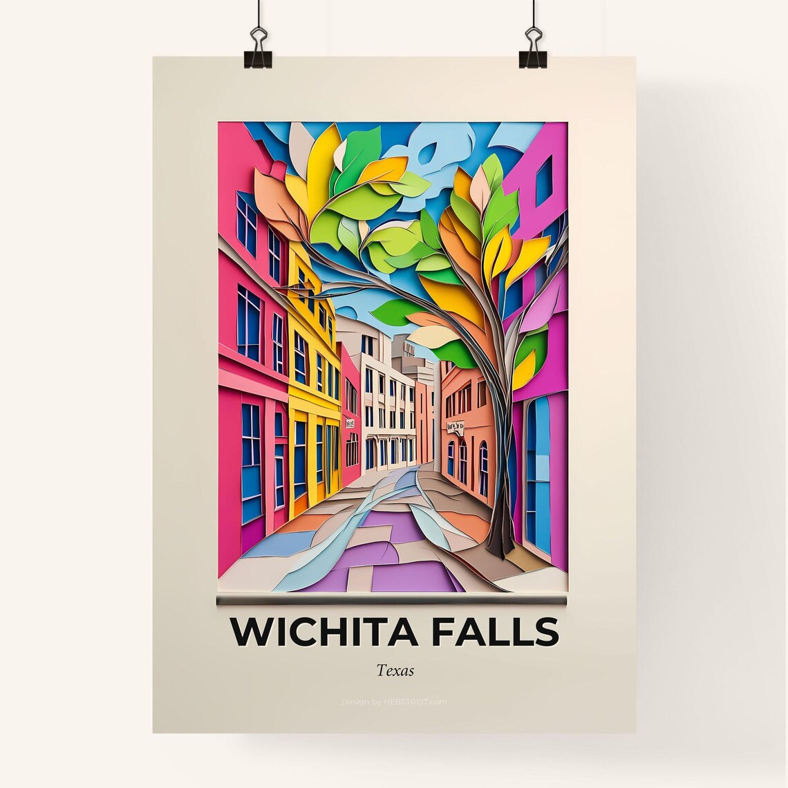 Wichita Falls Texas Paper Cut Colorful Downtown Street Travel Poster - Image 4