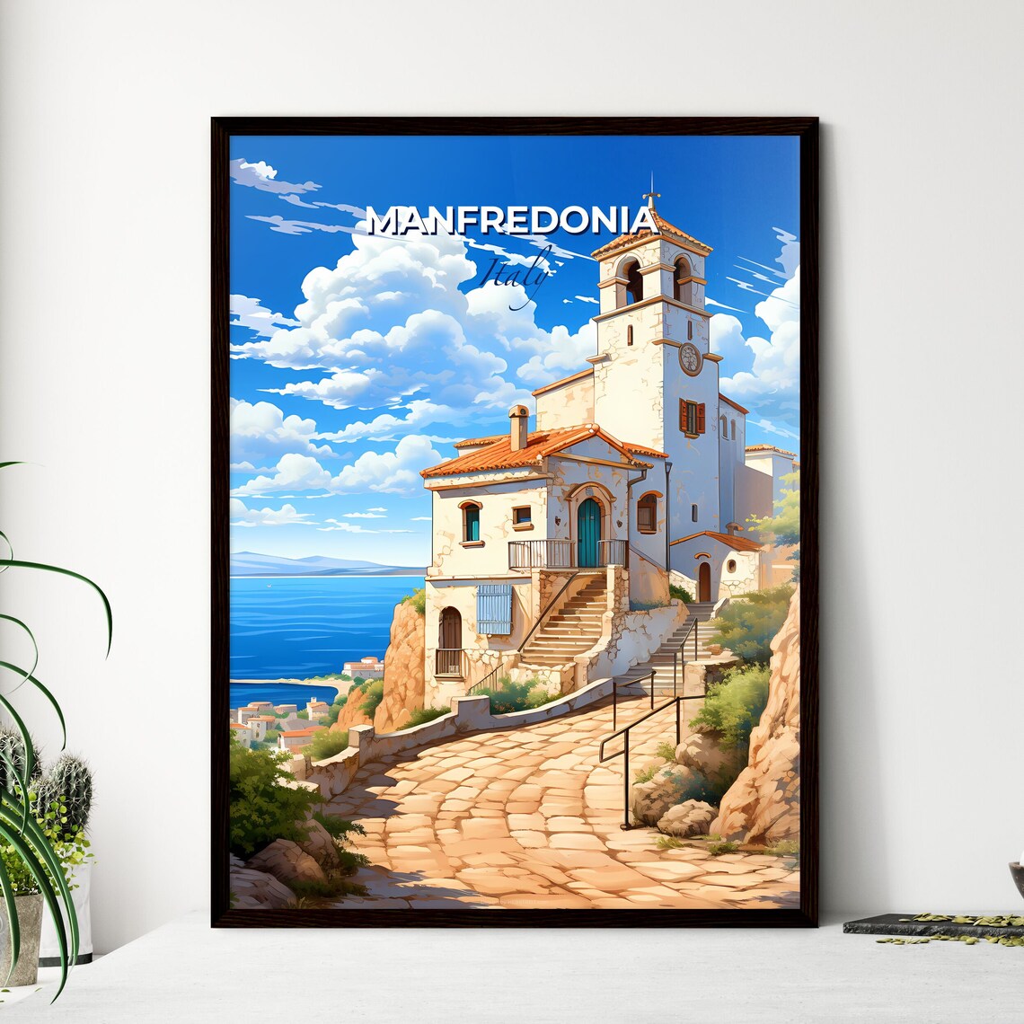 Manfredonia Italy Cliffside Church Bell Tower Over The Sea Poster