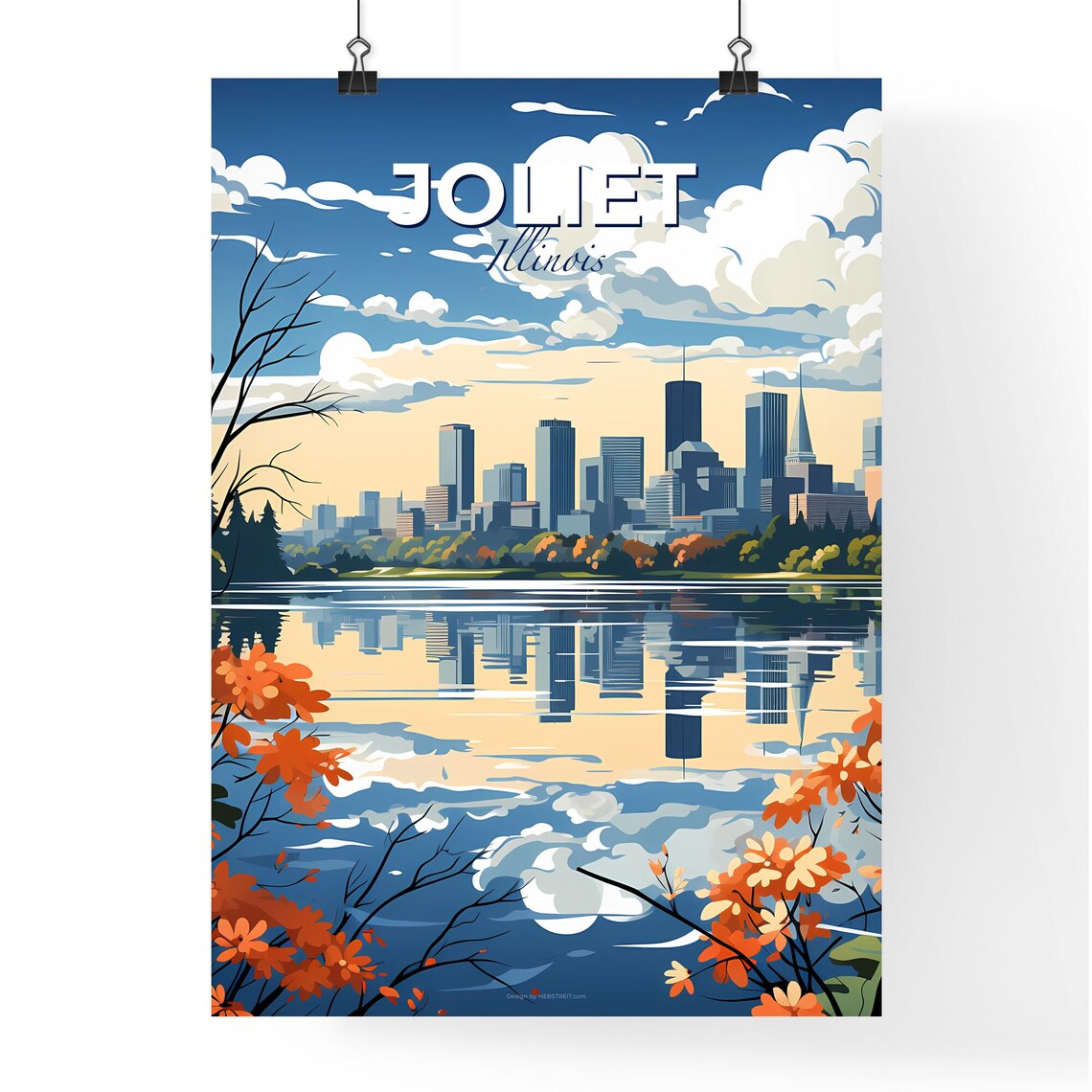 Joliet Illinois Lake Reflection Skyline Autumn Flowers Travel Poster - Image 4