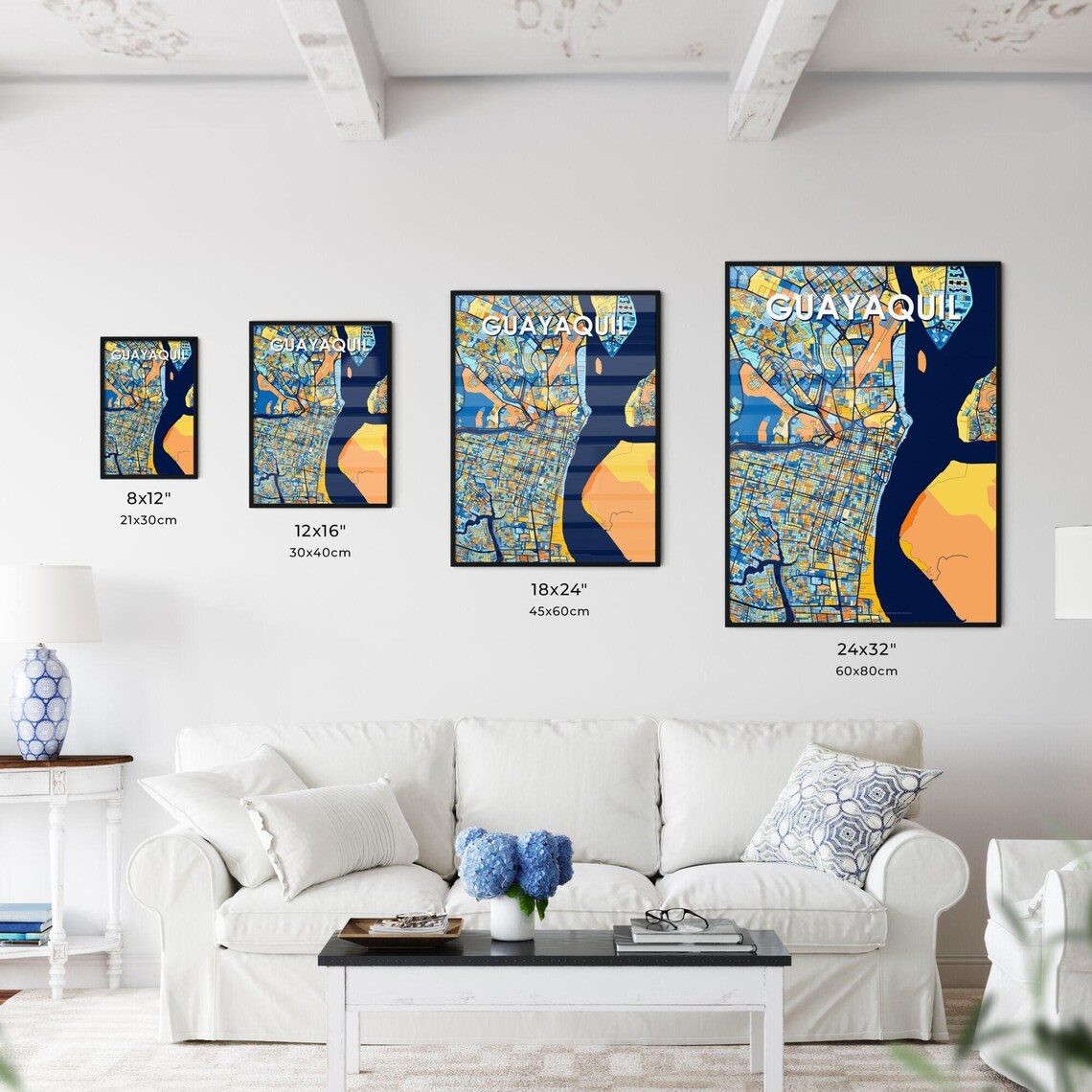 Guayaquil Ecuador Vibrant Geometric City Map Art Poster in Blue and Orange - Image 3