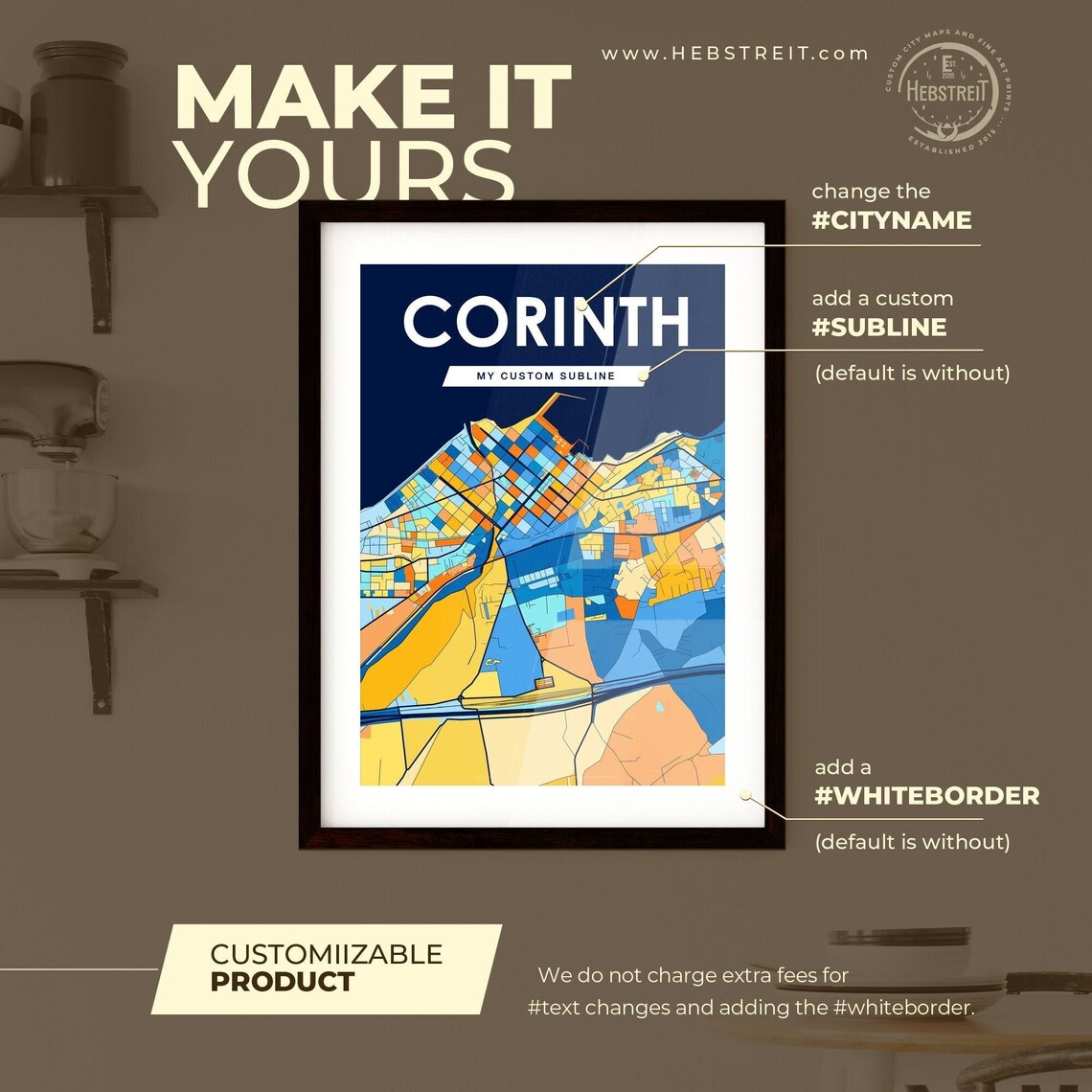 Corinth Greece Colorful Geometric City Map Art Poster in Blue and Orange - Image 2