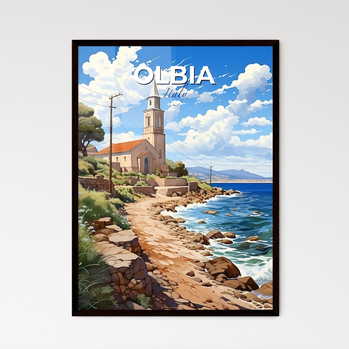 Olbia Italy Coastal Church Rocky Shoreline Bright Blue Sea Poster
