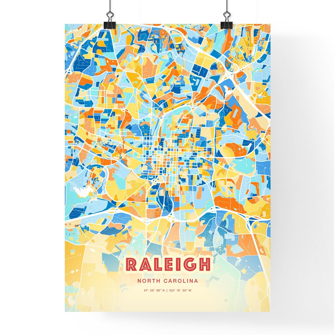 Raleigh North Carolina Map Art Poster Blue Orange Vibrant Streets - Image 3