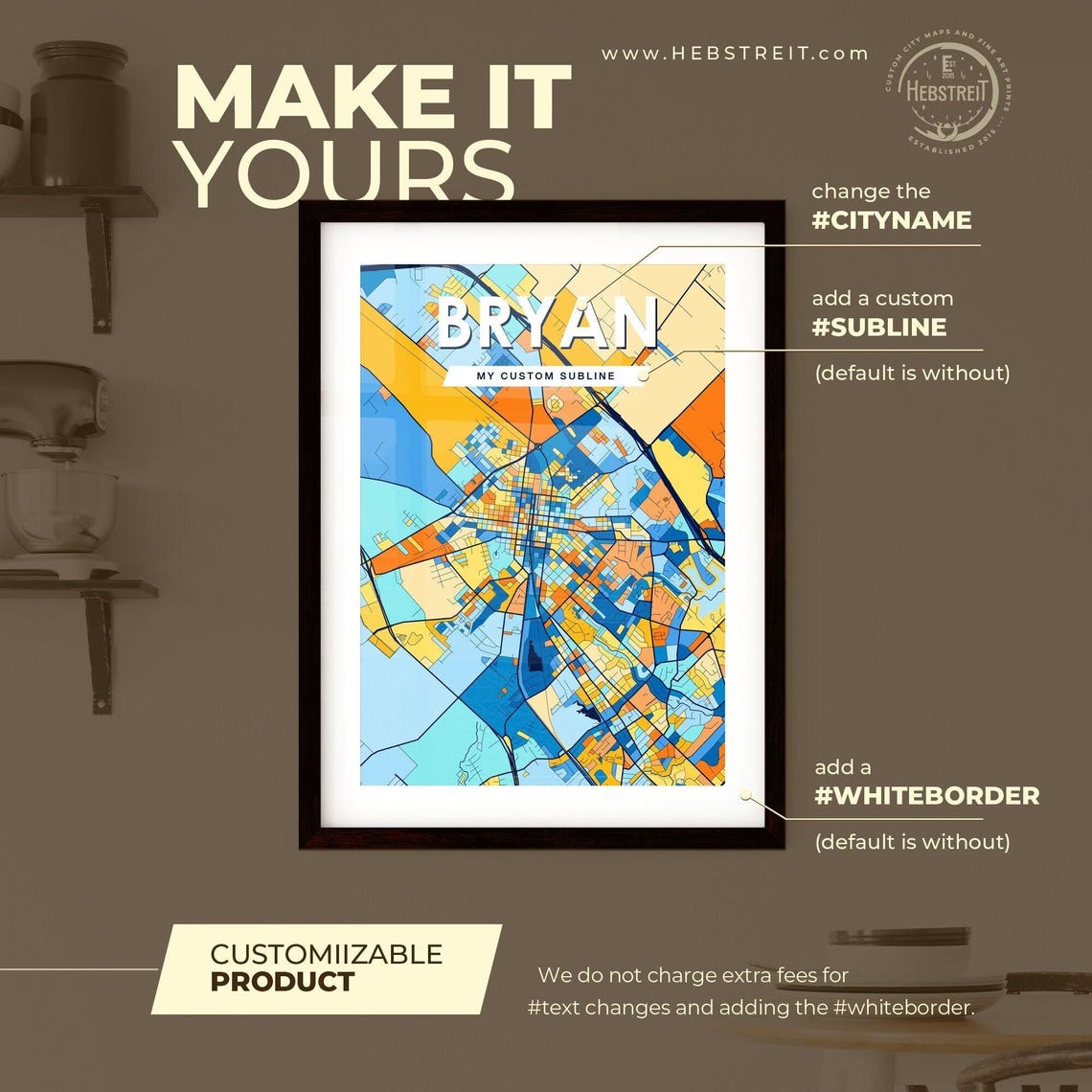 Bryan Texas Bright Colorful Mosaic City Street Map Artwork Poster - Image 2