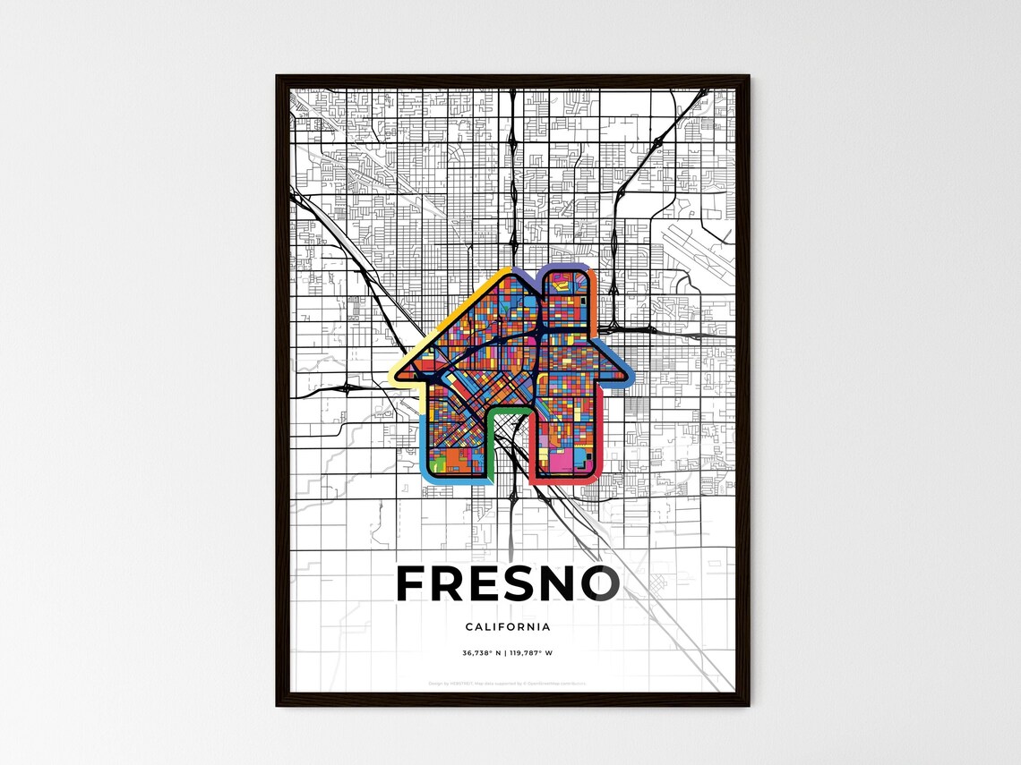 Fresno California Minimal City Map Colorful Heart Icon Art Poster - Image 3